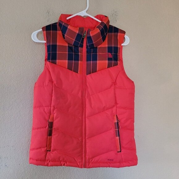 The North Face Puffer Vest Womens Sz XS Goose Down Full Zip Mock Neck 550 Plaid - Picture 1 of 11